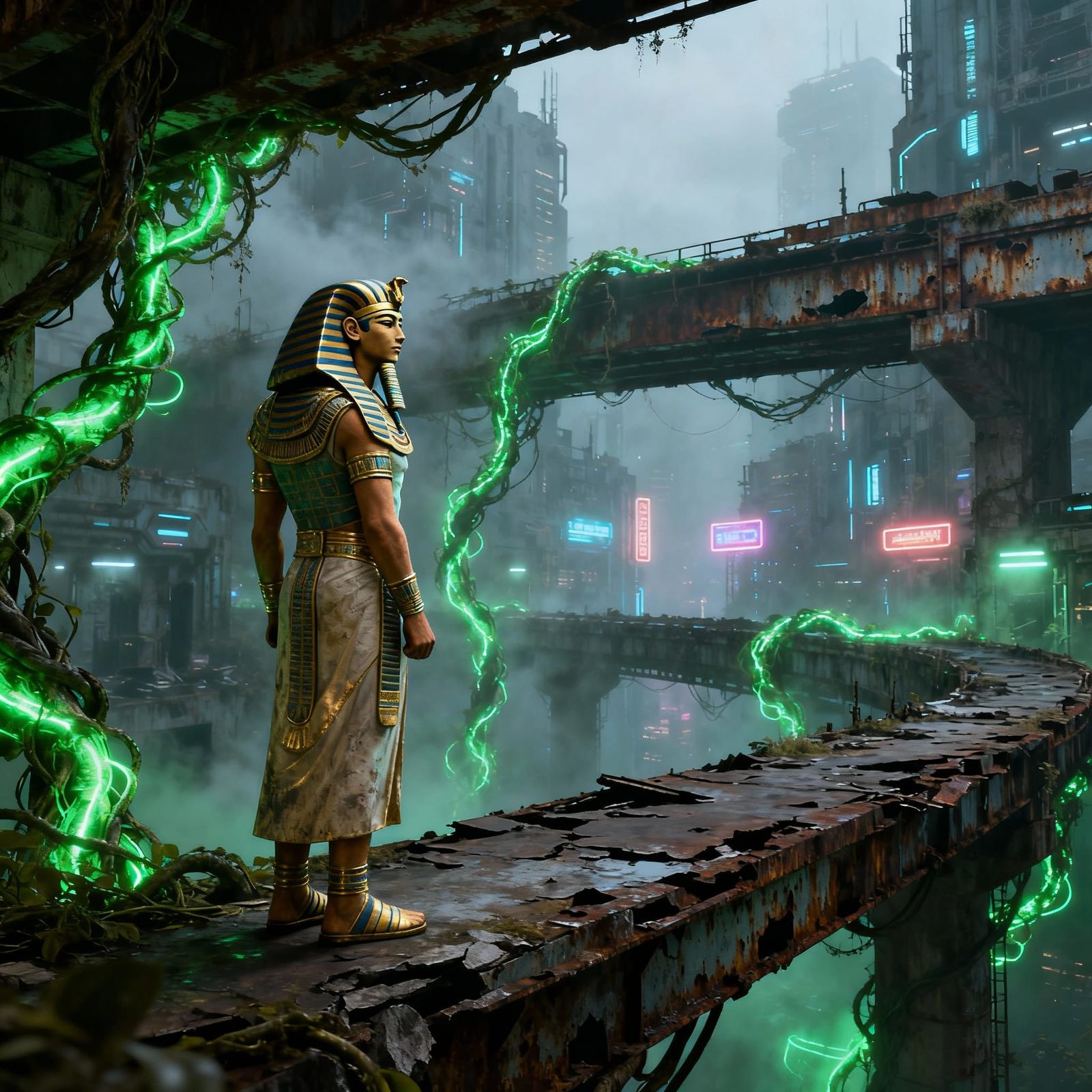 Pharoah Overlooks Decaying Futuristic City in Cinematic Styl...