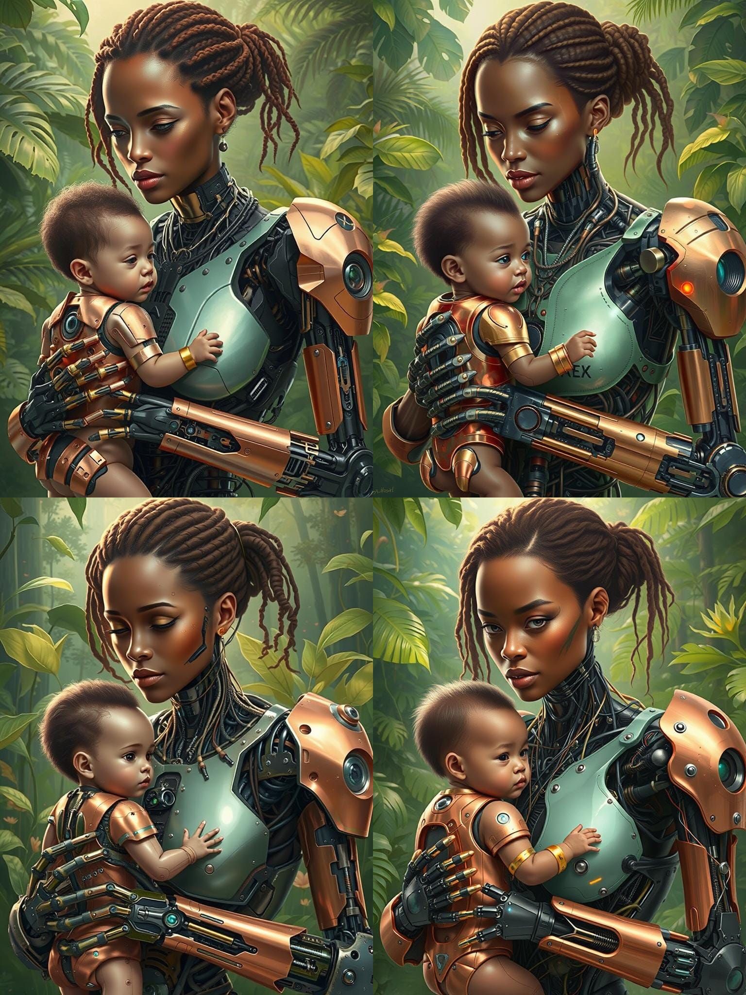 Cyborg Mother and Child in Lush Environment
