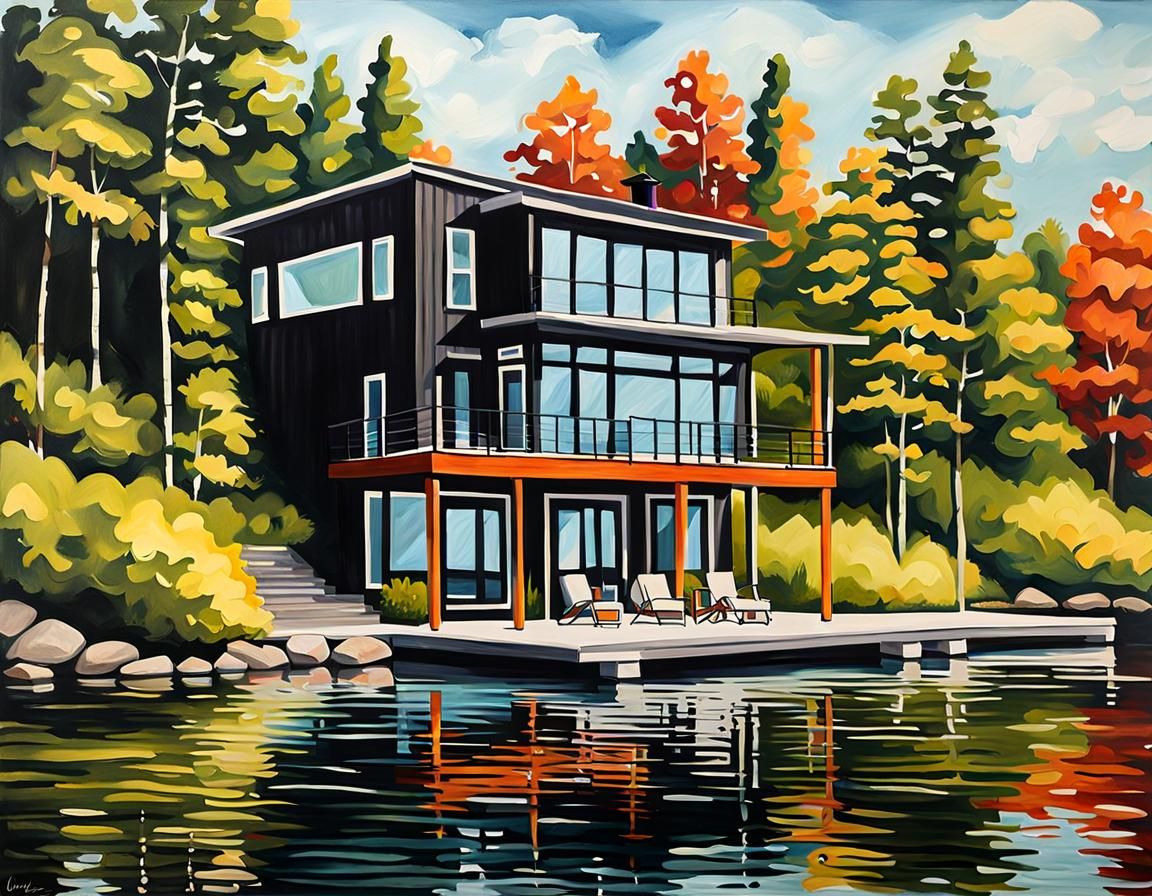 Lakefront Home Acrylic Painting of Modern House