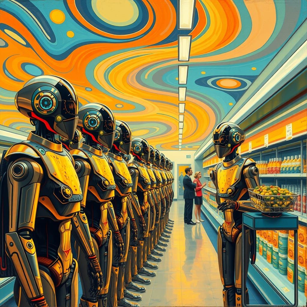 Futuristic AI Agents in Retro-Futuristic Grocery Store Scene