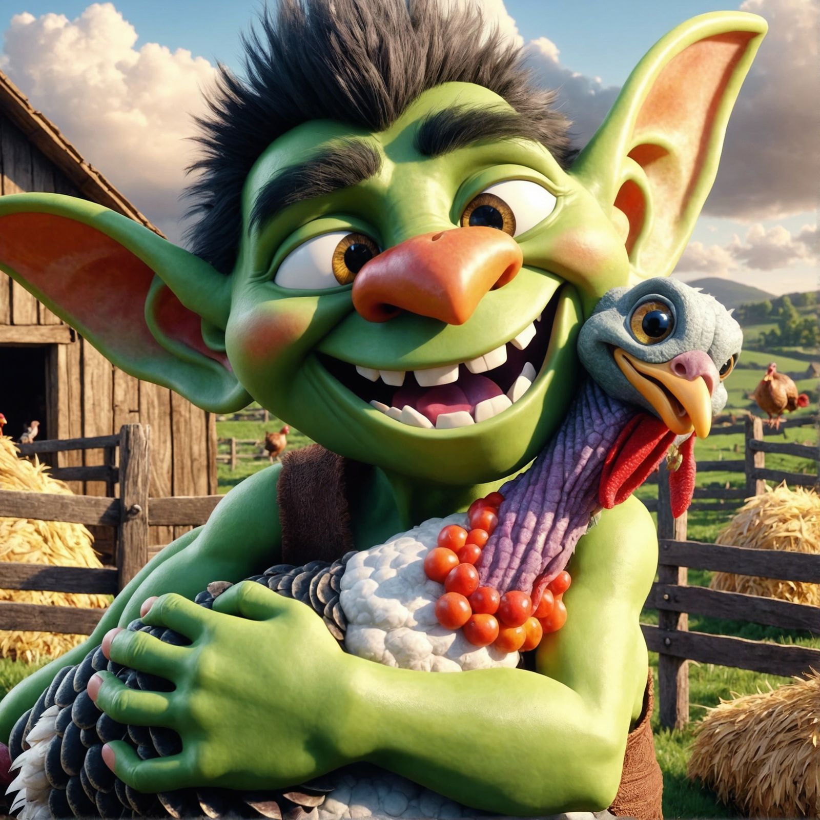 Goblin and Turkey Hug in Cartoon CGI Style