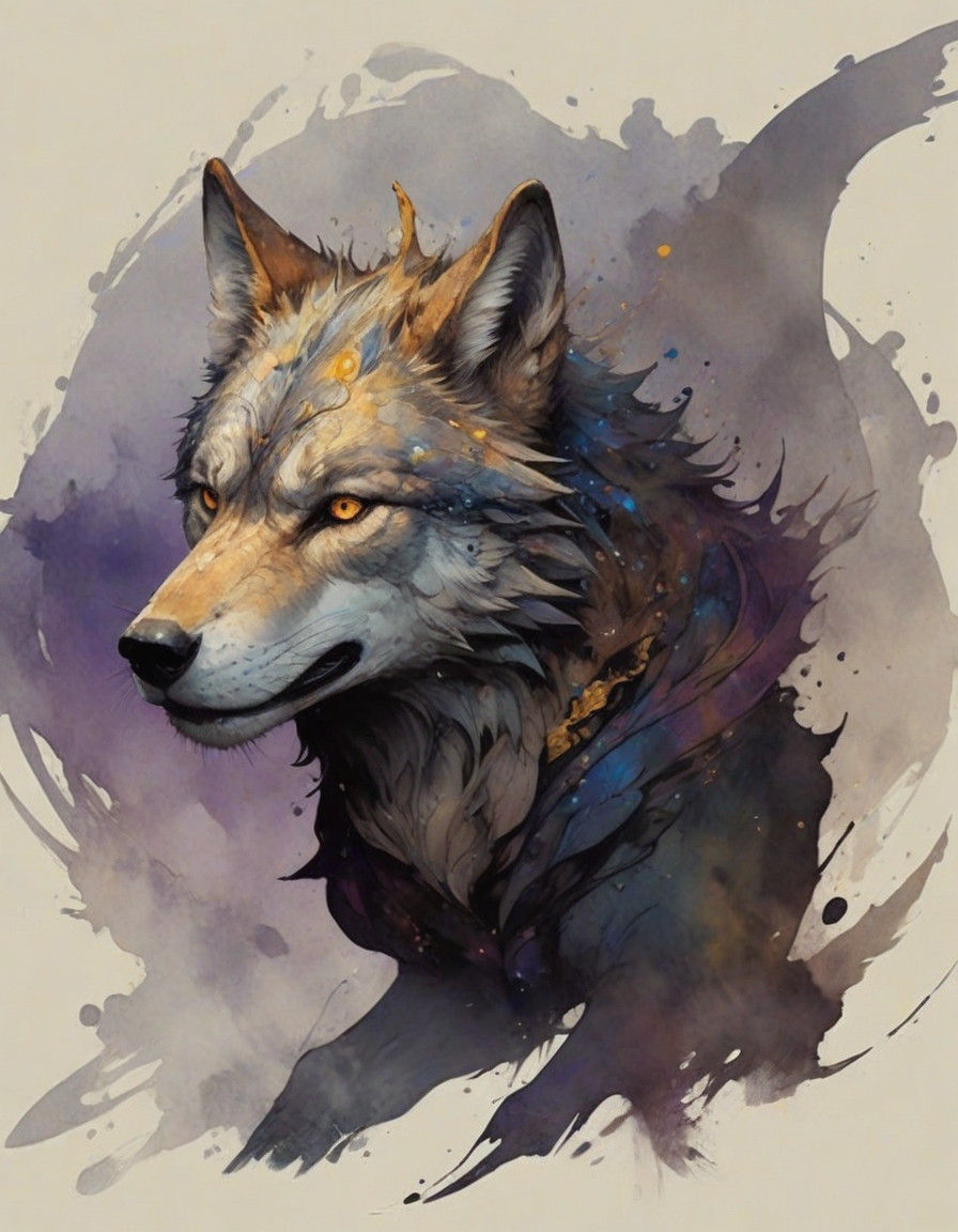 Surreal Wolf on Hill in Watercolor Style