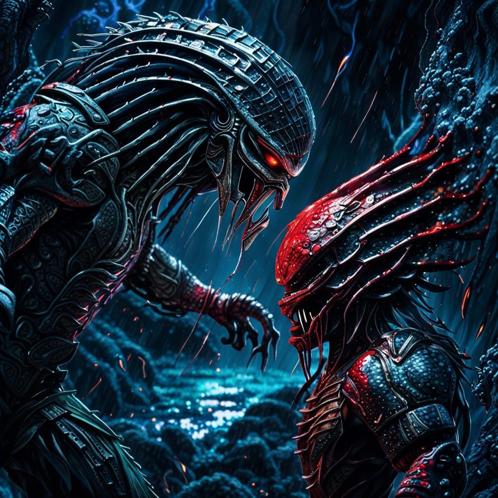 Movie poster, predator vs alien, both in the frame, whole body, zoom out,  silver body, big red eyes, top view, battle f...