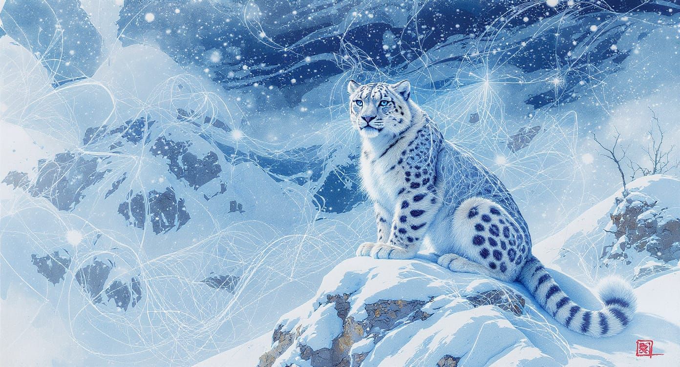 Snow Leopard on Swiss Peak Fractal Watercolor