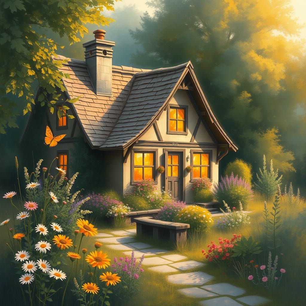 Peaceful Cottage Scene in Soft Impressionist Style