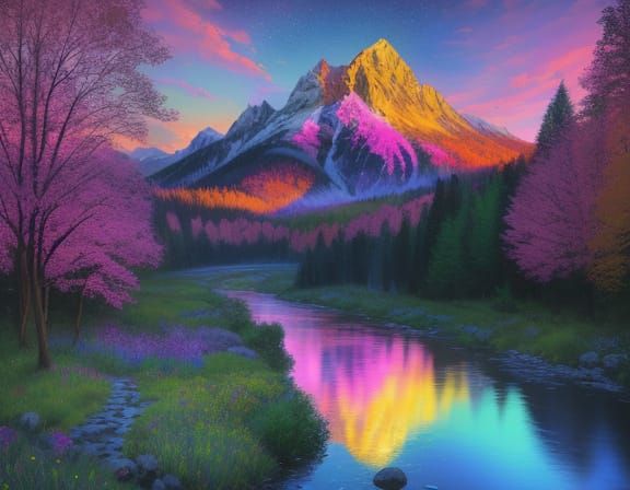 Magical River Landscape with Majestic Mountain in Multicolor...