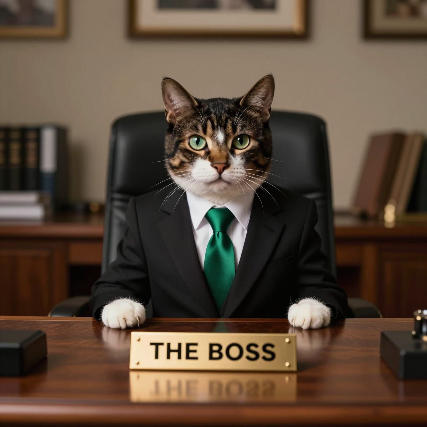 Sophisticated Tuxedo Cat as 'The Boss' in Office Portrait