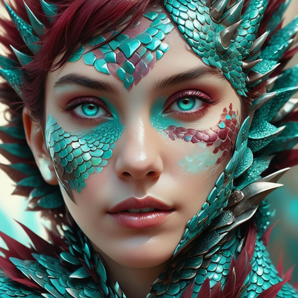 Dragon Scale Portrait in Turquoise and Burgundy