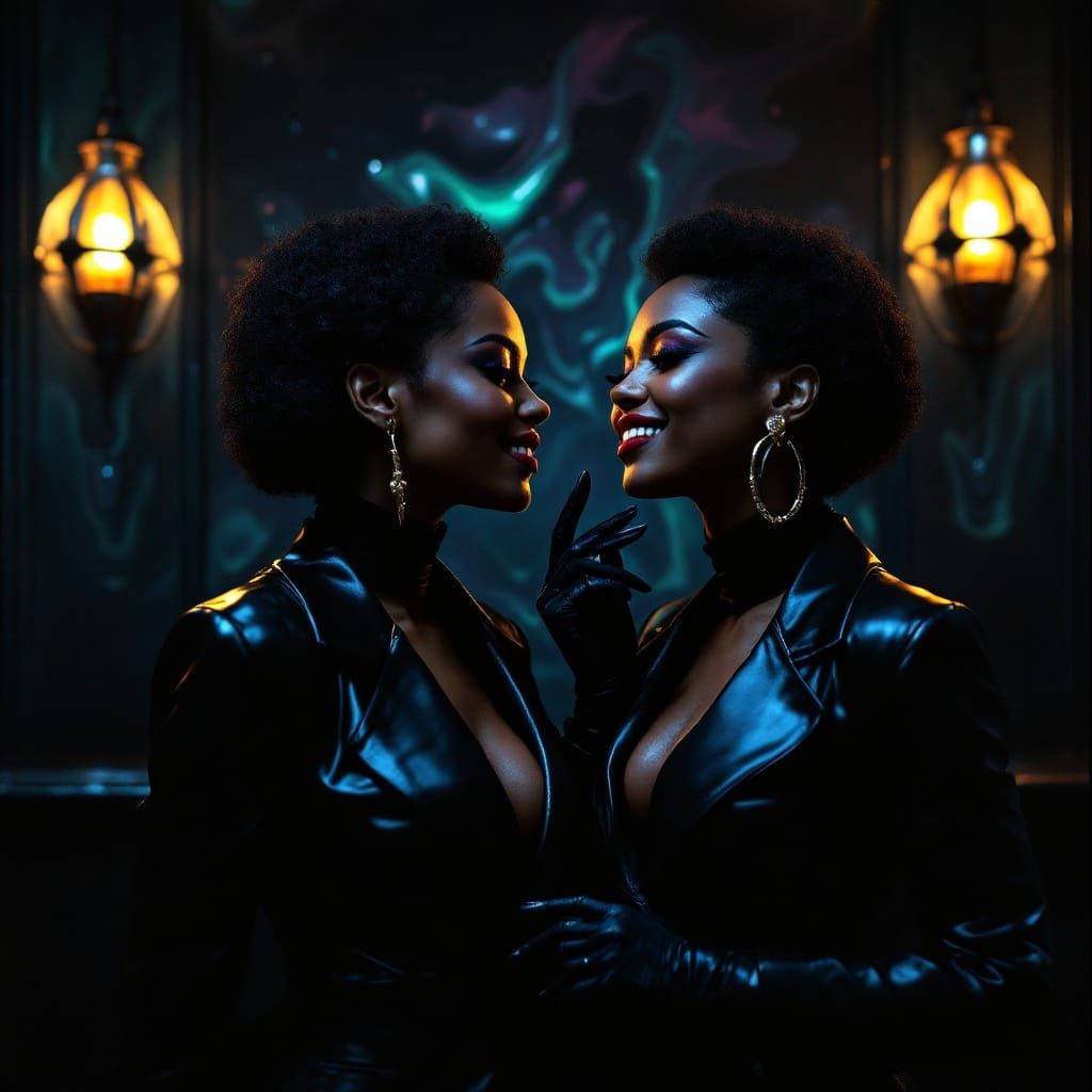 Surrealist Women in Leather Suits Pose in a Dark Nightclub