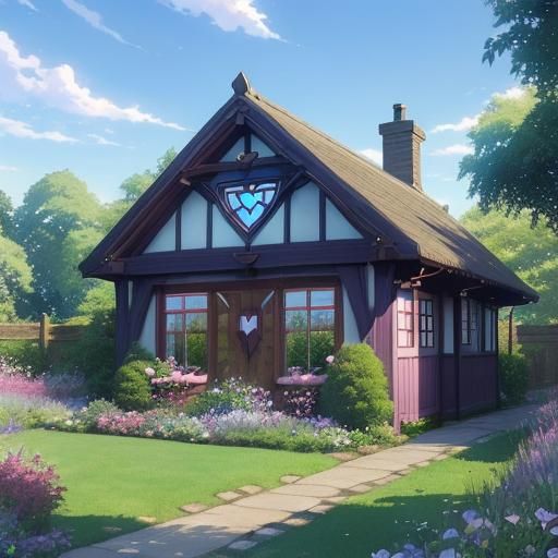 Cottage and Garden in Heart Frame, Anime Style