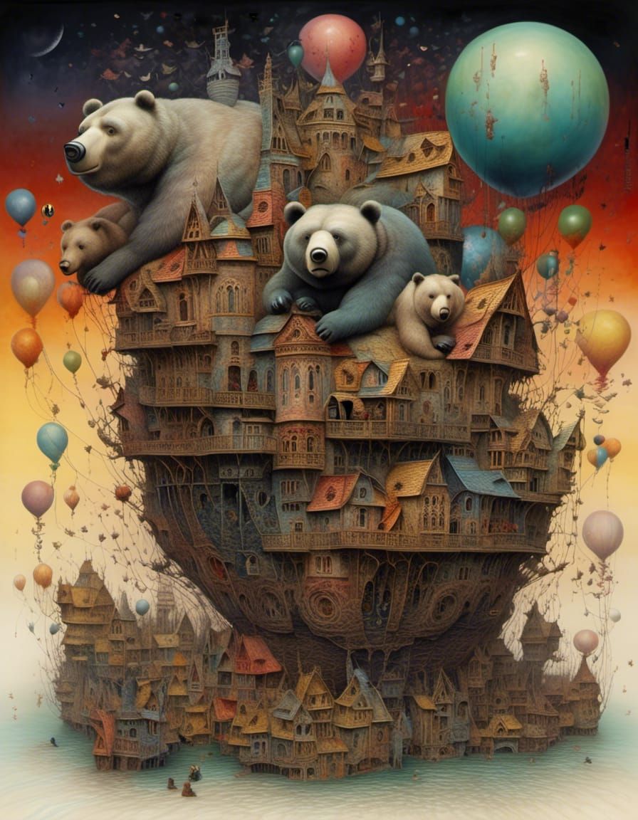 Surreal Bears in Triadic Colors, Artstation Style