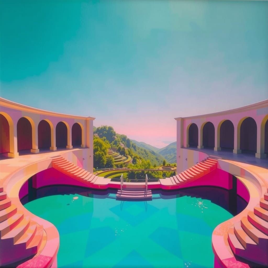 Surreal Oil Painting of a Janosz Pool in Viridian and Fuchsi...