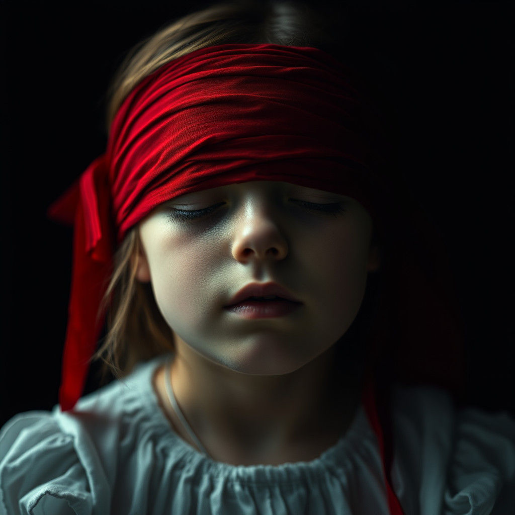 Eerie Girl with Blood-Soaked Blindfold in Cinematic Lighting