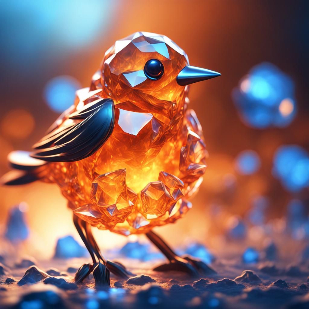 Orange Crystal Bird with Ice Flower Background
