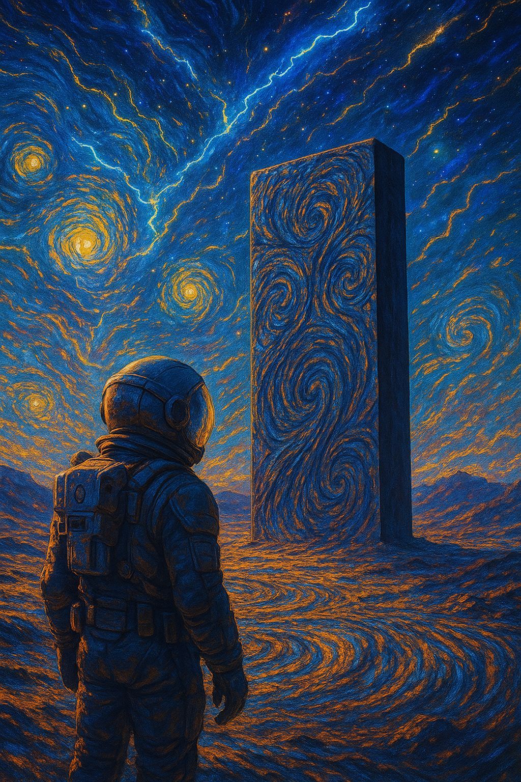 Astronaut and Ancient Monolith in Van Gogh Style