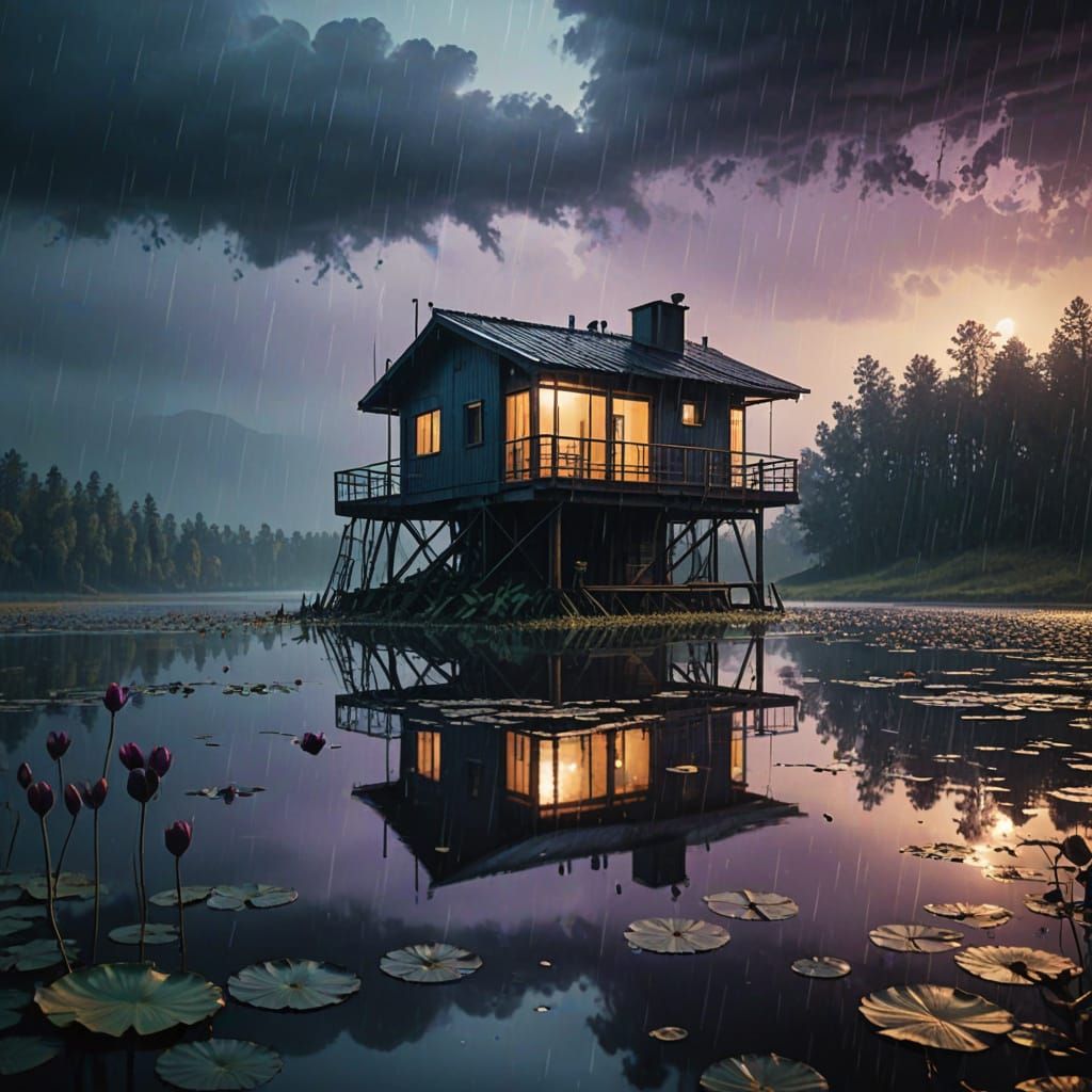 Majestic Futuristic Cabin Amidst a Stormy Lotus Lake