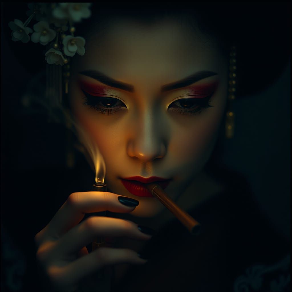 Dreamy Geisha with Opium Pipe in Vintage Film Still