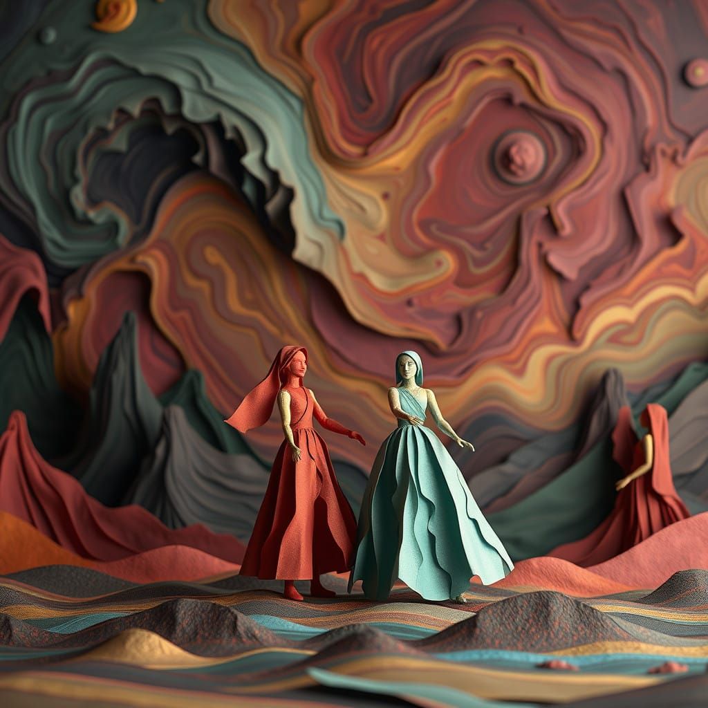 Intricately Crafted Paper Dolls in Whimsical Fantasy Landsca...