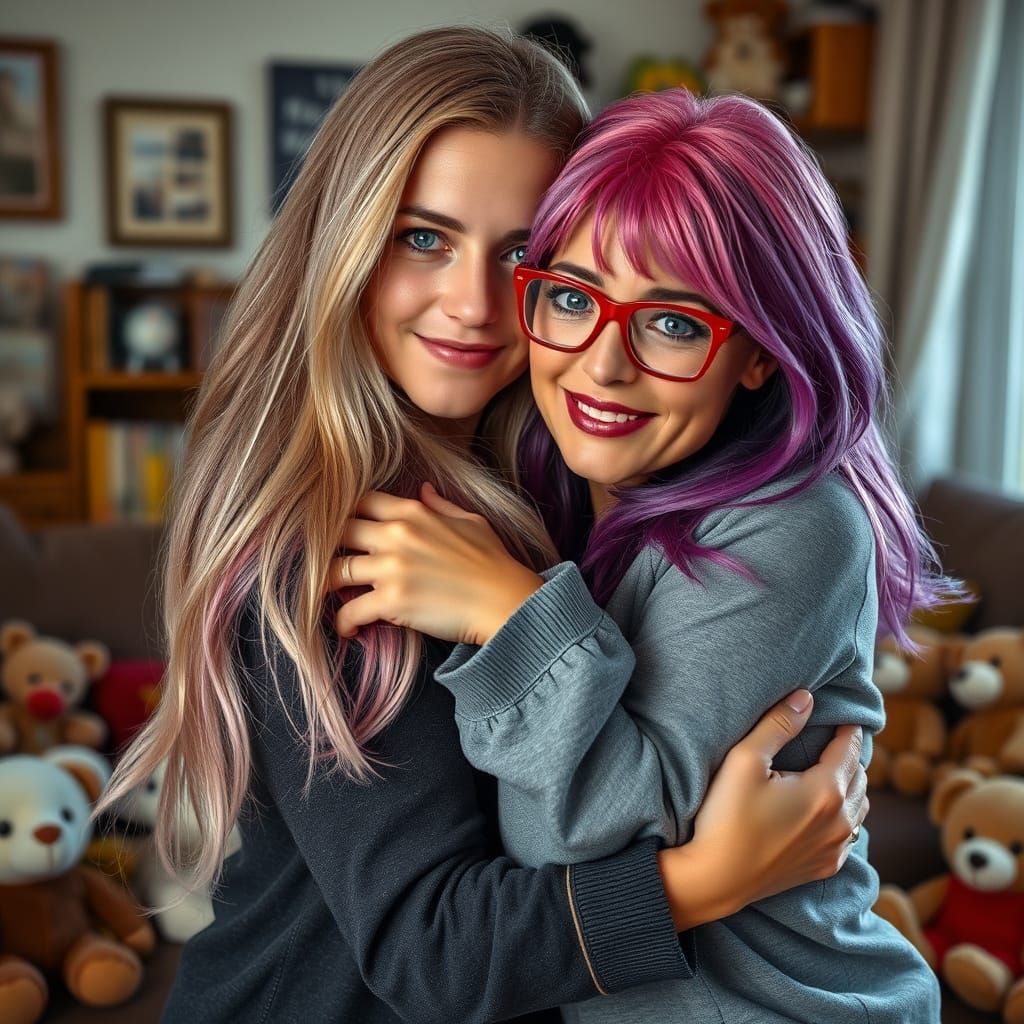 Affectionate Women Cuddle in Cozy, Toy-Filled Room