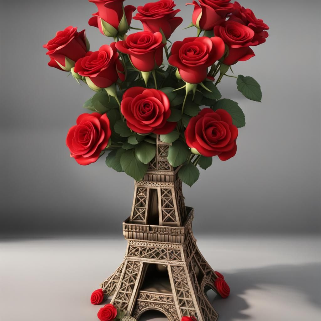 Eiffel Tower Vase with Red Roses: Hyperrealistic Art