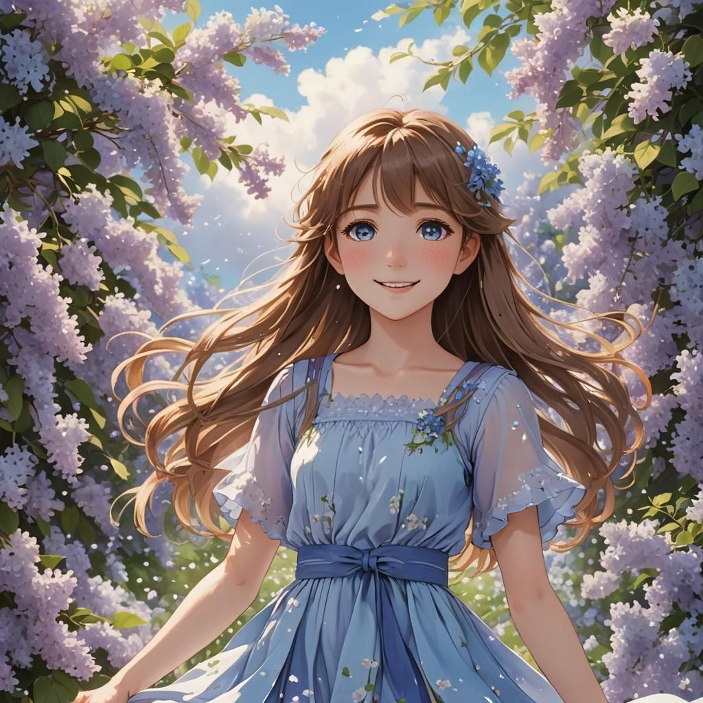 Anime Girl in Floral Breeze, Manga Style