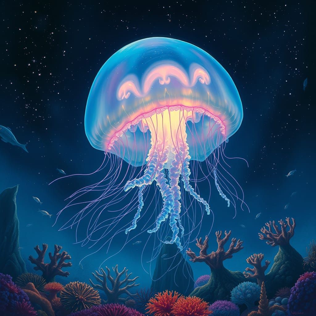 Bioluminescent Jellyfish Drifting in Starry Ocean