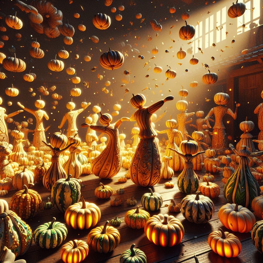 Gourd Figurines Dancing in Autumnal 4K Art