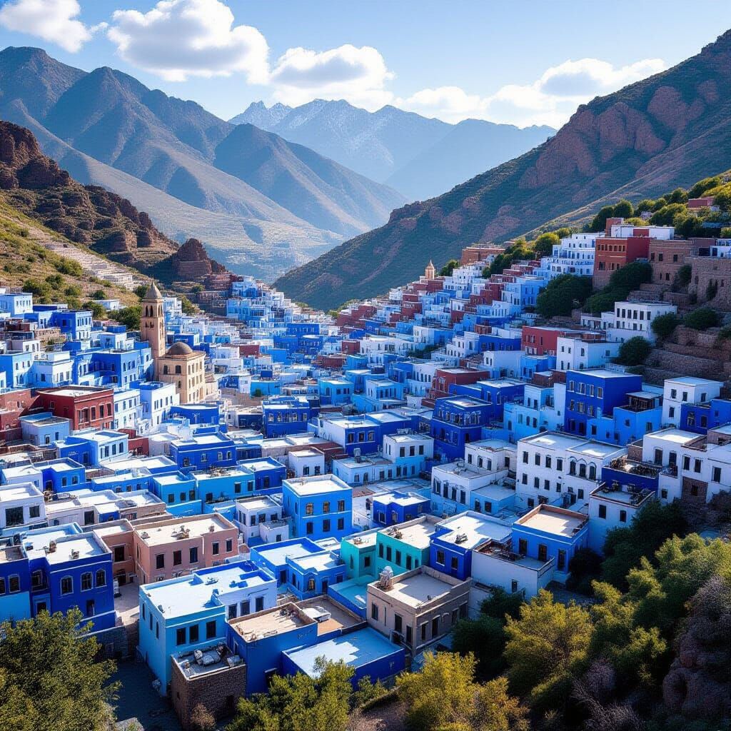 Chefchaouen Medina: Aerial View in a Surreal Style