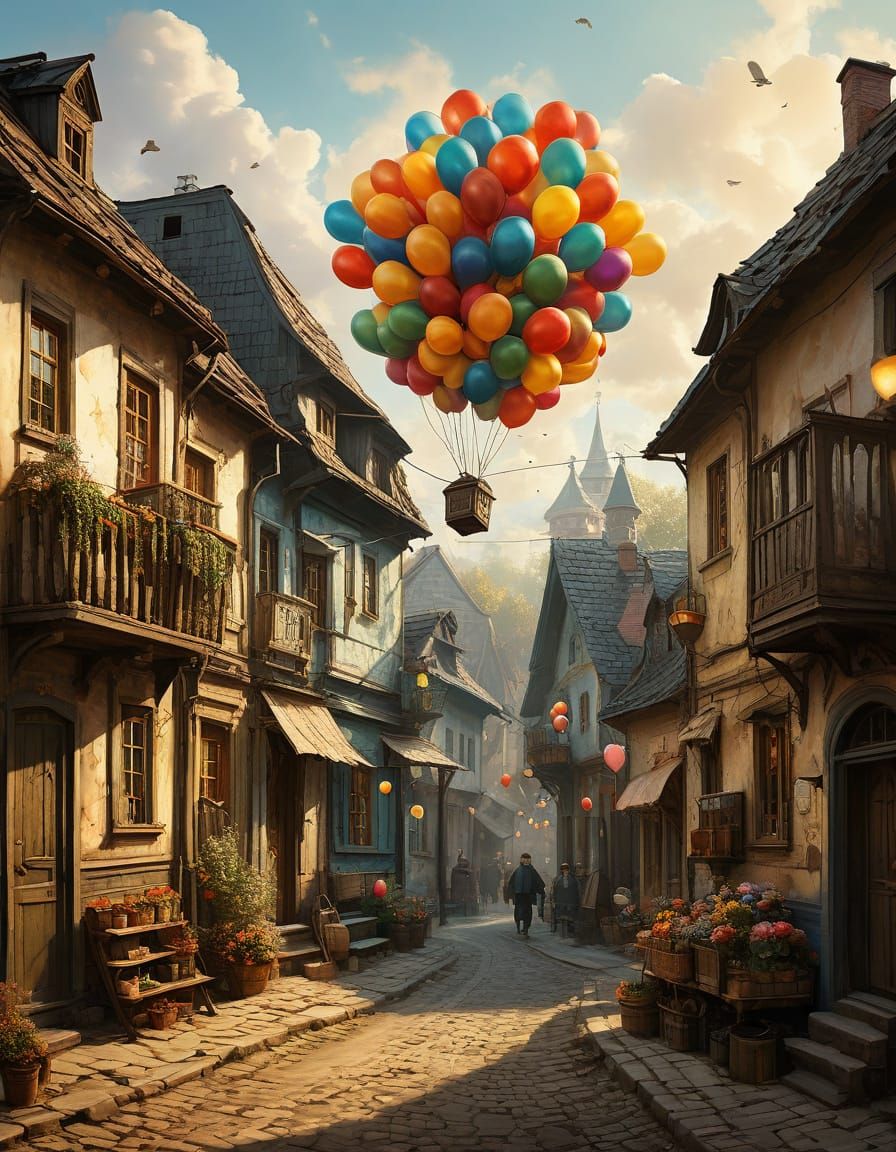 Whimsical Shtetl Ascends with Balloons: Oil Painting