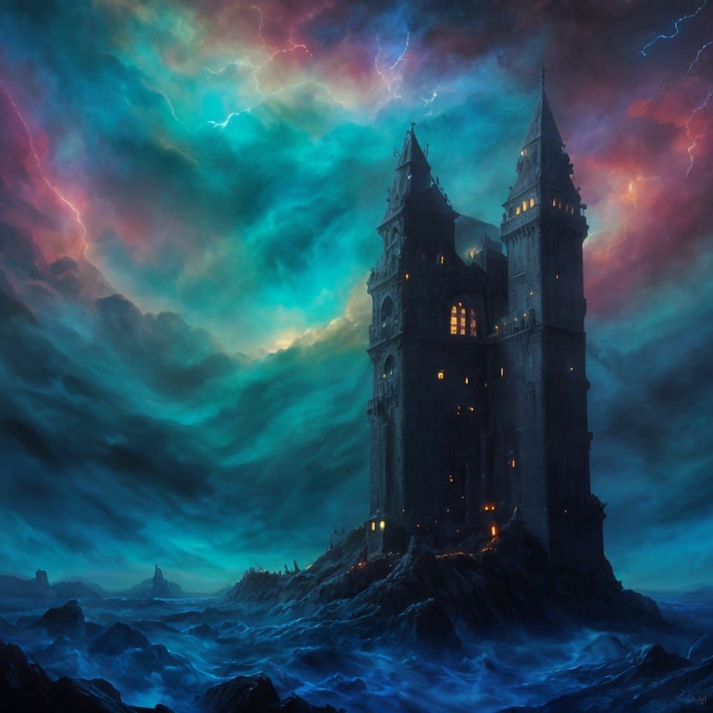 Vibrant Stained Glass Landscape with Cosmic Effects