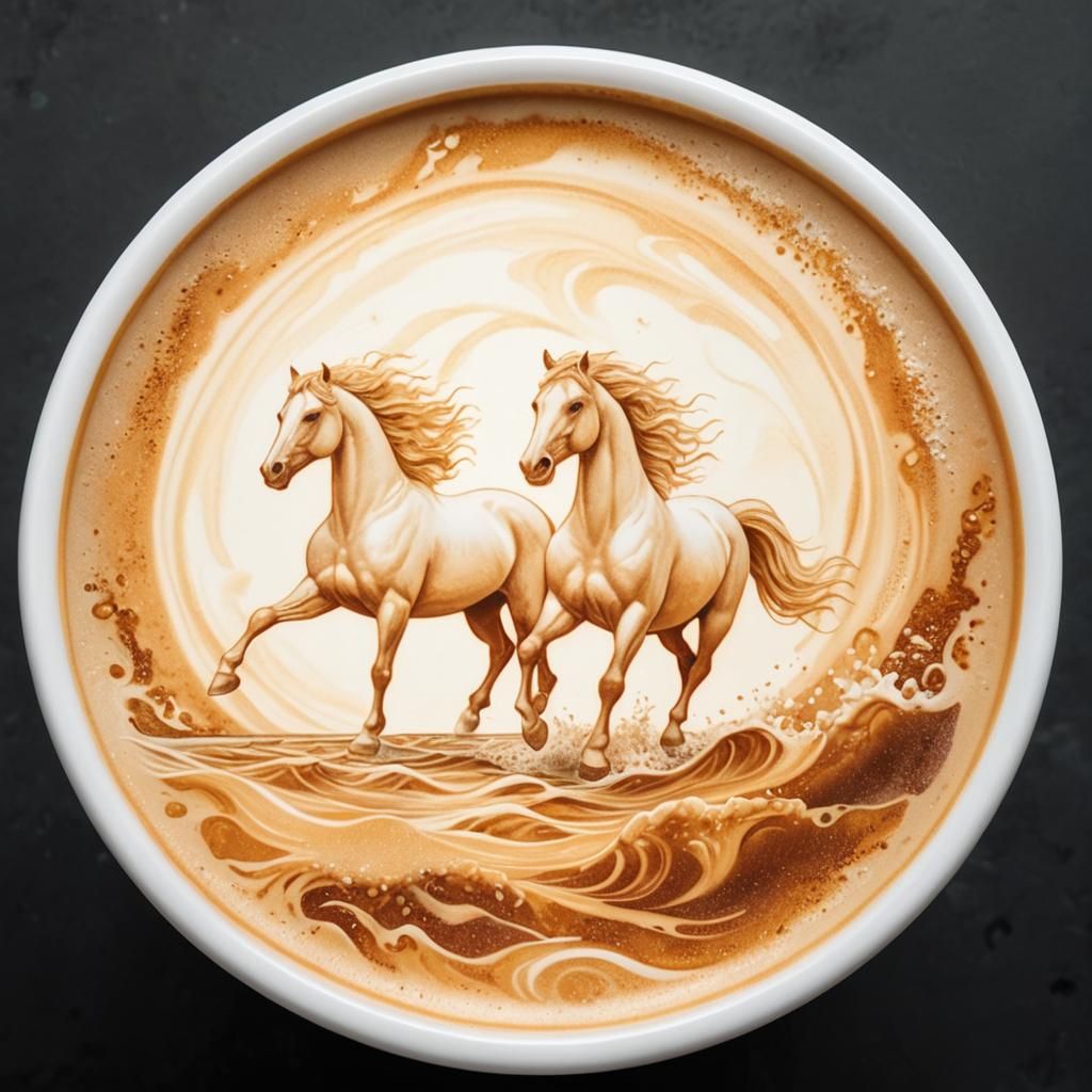 Latte Art: Galloping Horses on Frothy Sea Shore