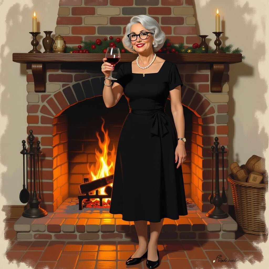 Tipsy Woman Toasting by Fireplace in Rockwell Style