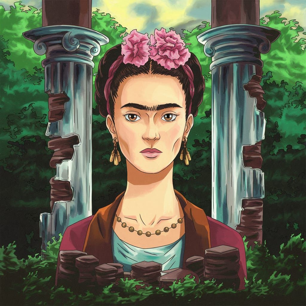 Frida Kahlo with Broken Column in Anime Style