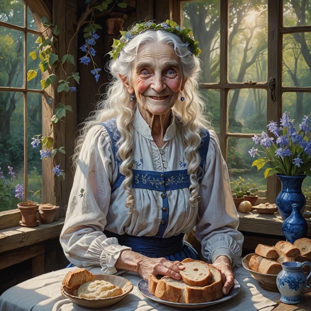 Elder Elf Woman Baking Bread: Hyperrealistic Portrait