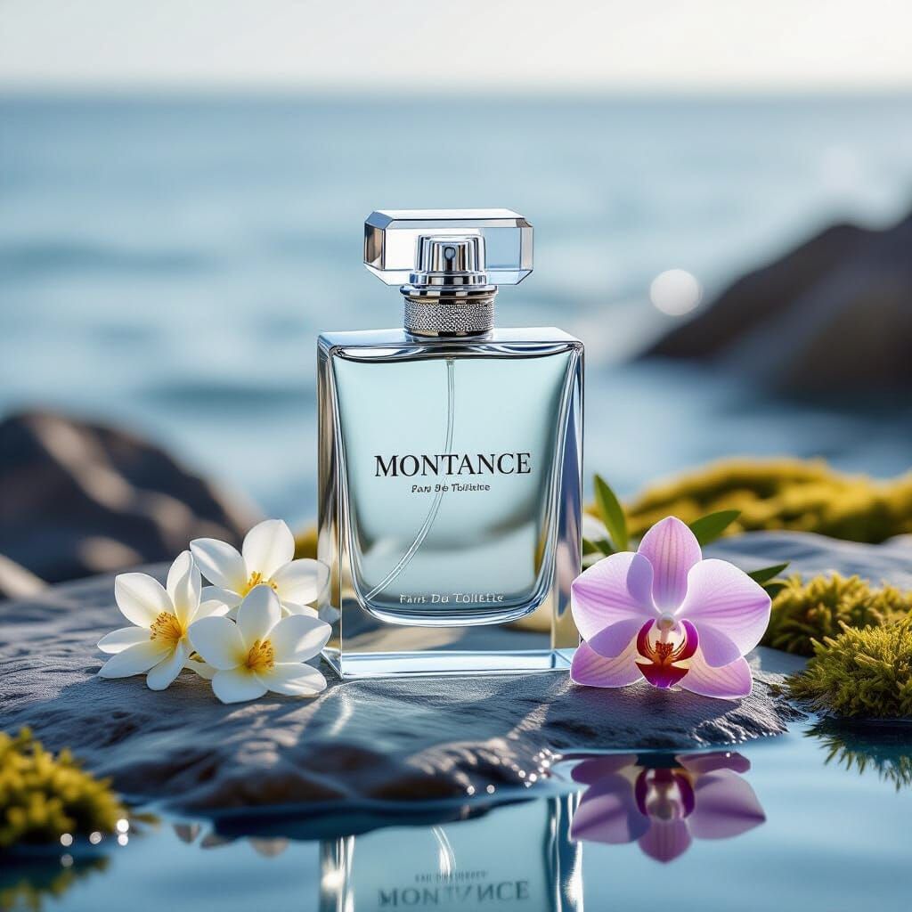 Elegant Montance Perfume Bottle by the Ocean