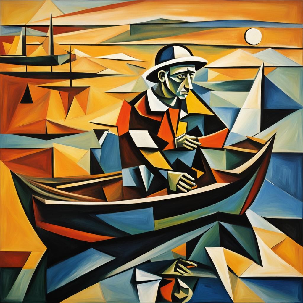 Cubist Fisherman at Sunset with Infinite Reflections