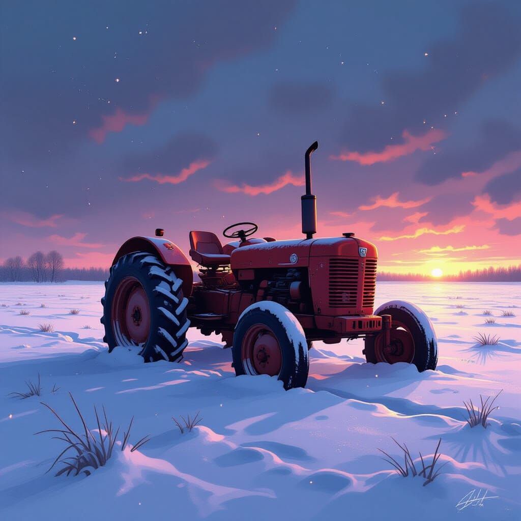 Abandoned Rusty Tractor in Ethereal Winter Field
