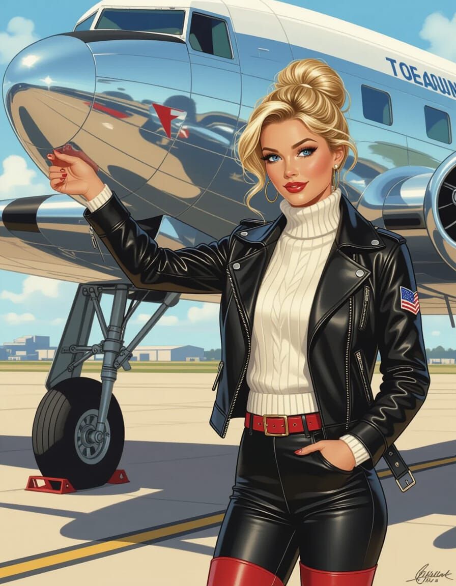 Elegant Pilot Inspects Vintage DC-3 in Comic Art Style