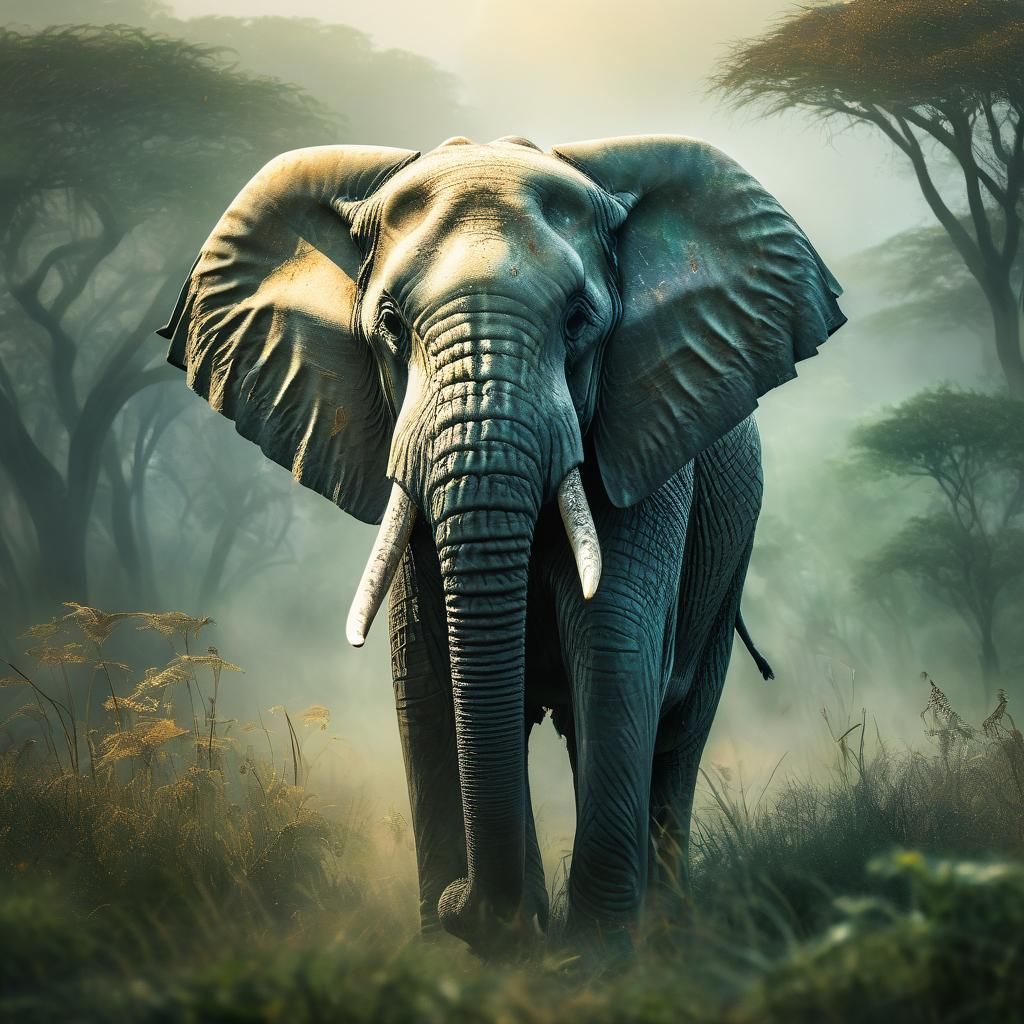 Majestic Elephant in Dreamy Savannah Illustration