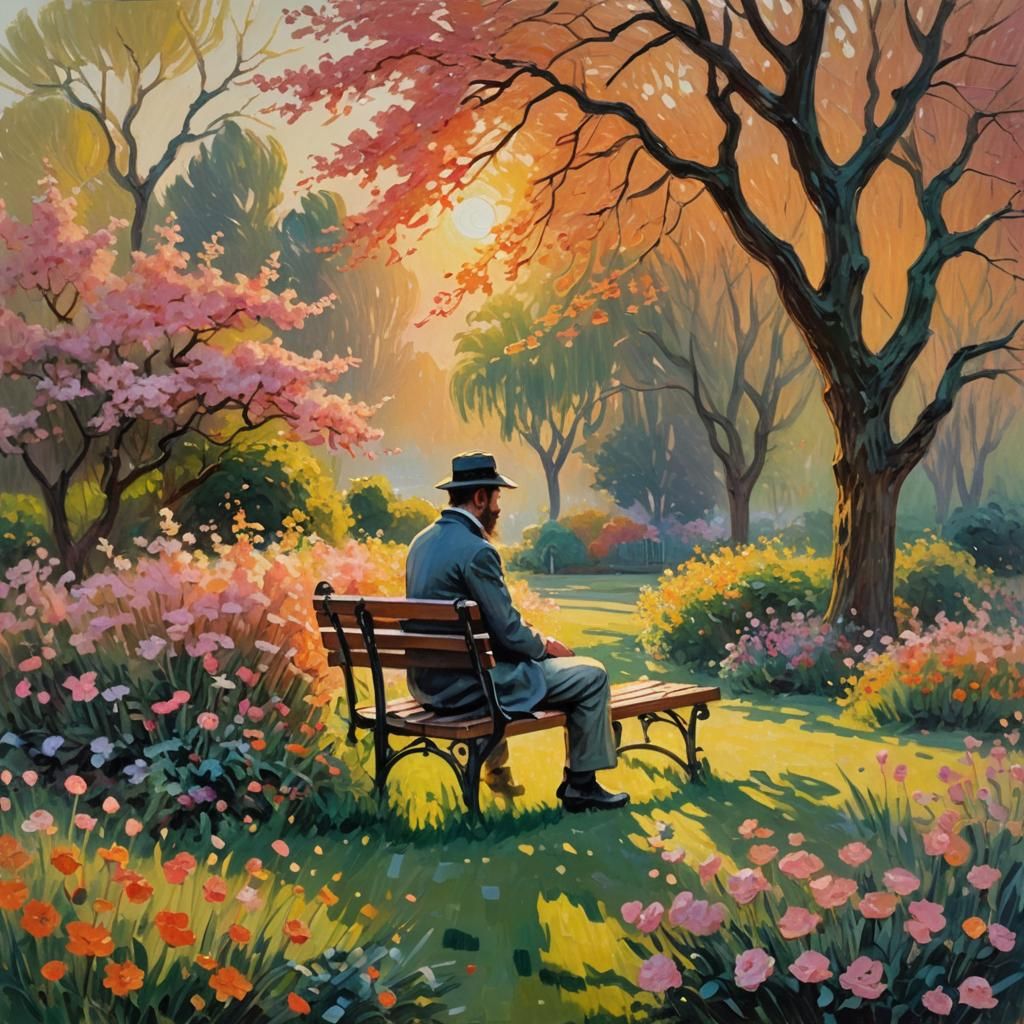 Impressionist Sunset Garden with Impasto Brushstrokes