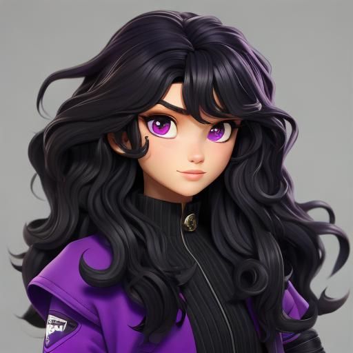 Girl with Wavy Black Hair and Purple Tips