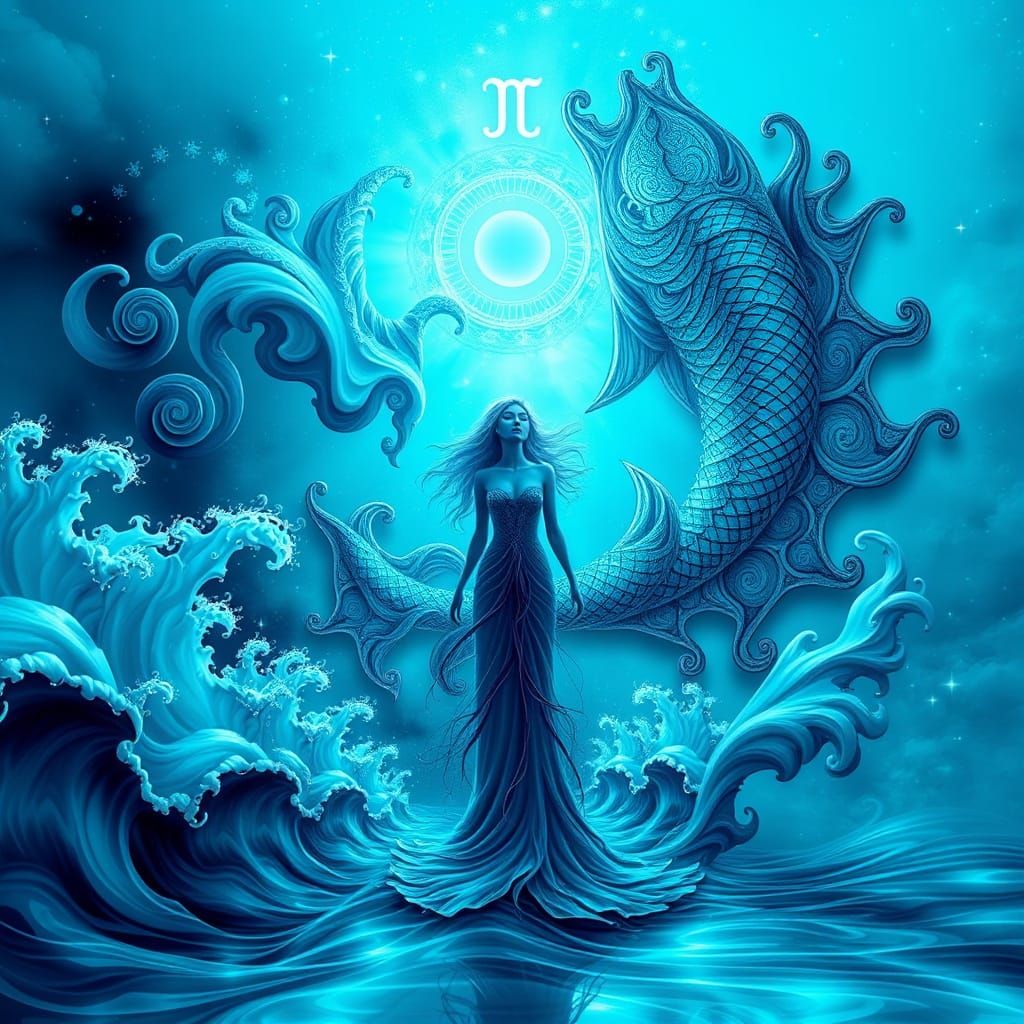 Ethereal Female Figure Amidst Pisces Celestial Sign and Aqua...