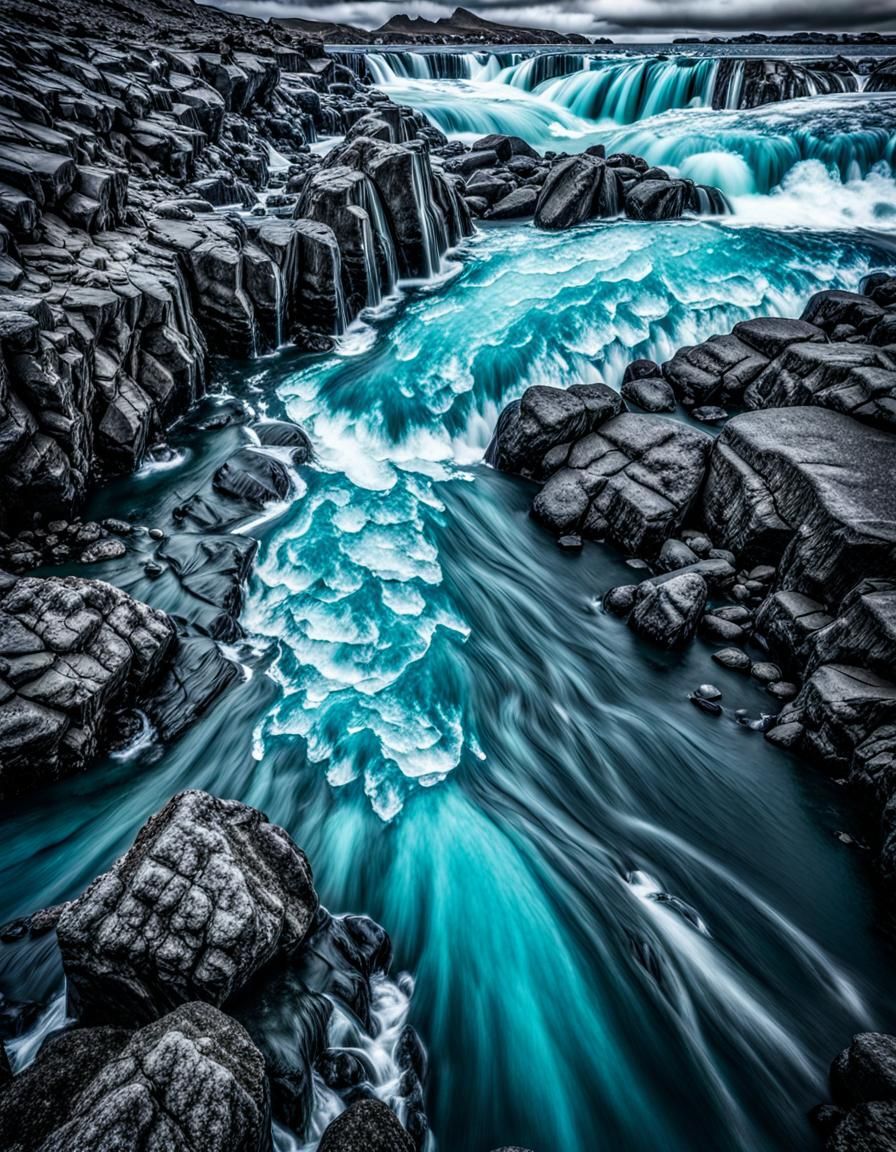 Icelandic Glacial Waters Flow to Sea: Hyperrealistic Image