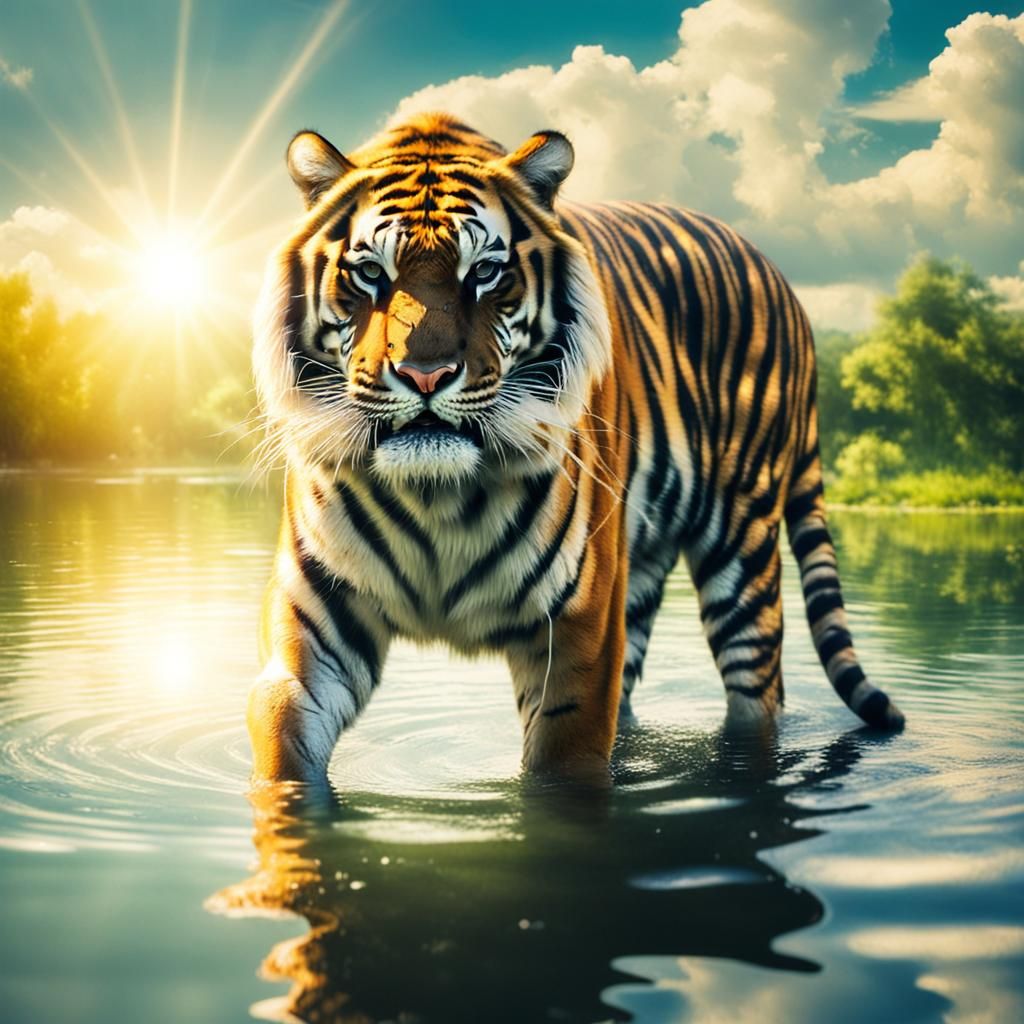 Tiger in Lake with Divine Heavenly Sunlight