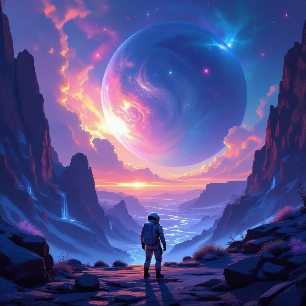 Astronaut Explores Alien Bioluminescent Canyon in Hyperreali...