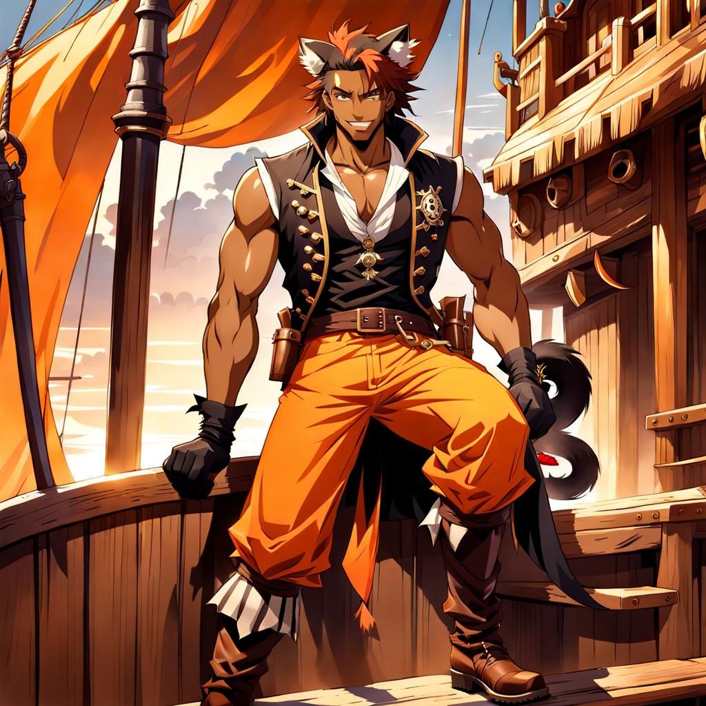 Anime Pirate with Cat Features on Ship