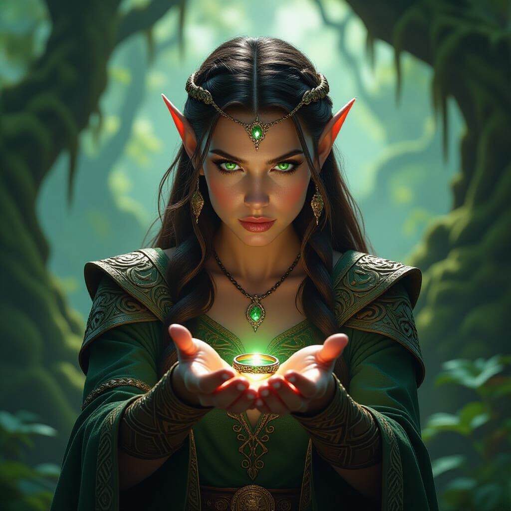 Elf Warrior Examines Glowing Ring in Ancient Forest