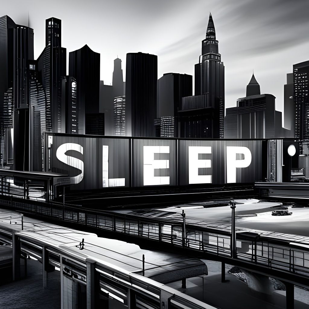 Dystopian Noir Cityscape with “SLEEP” Billboards