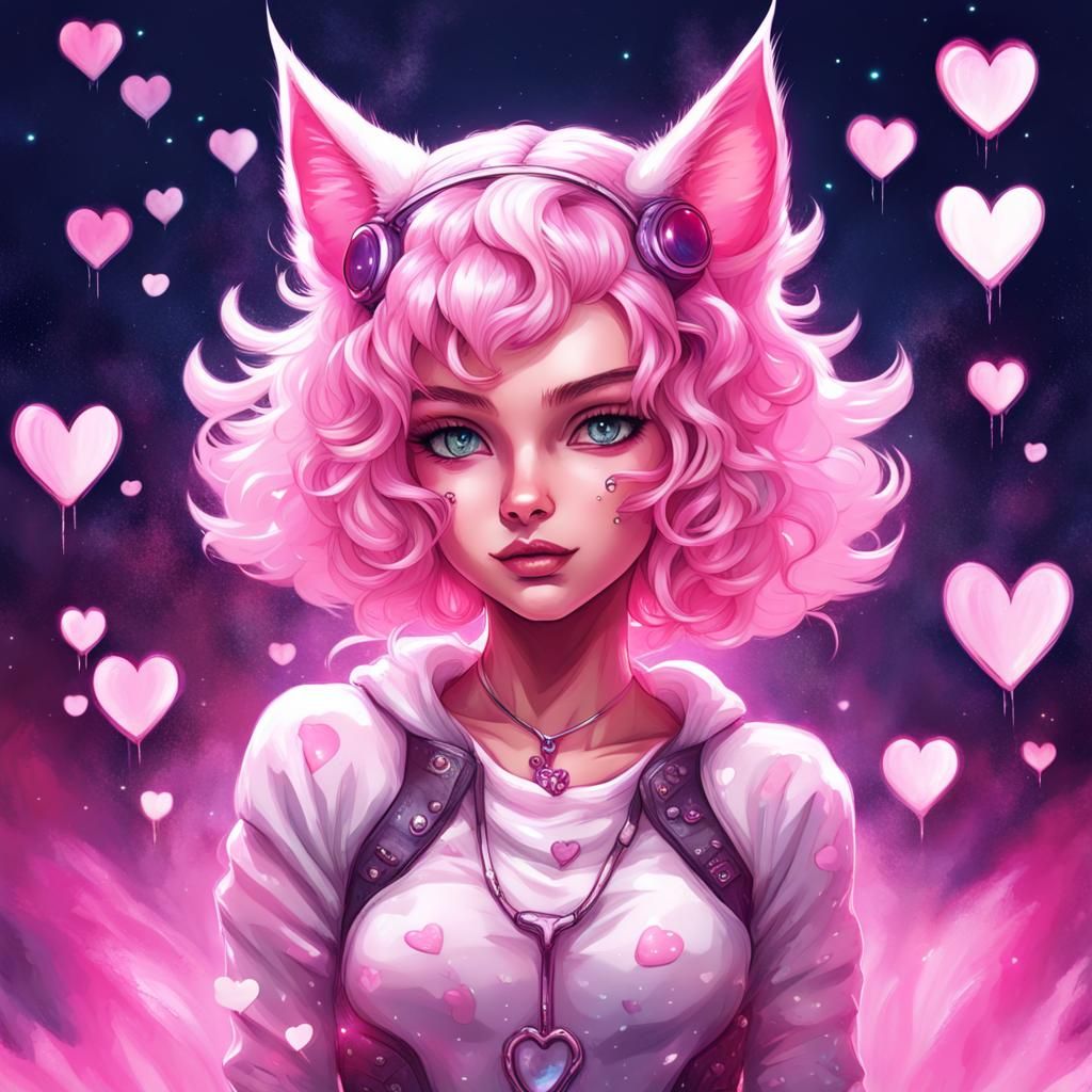 Fantasy Cat Girl with Pixie Hair, Cosmic Art