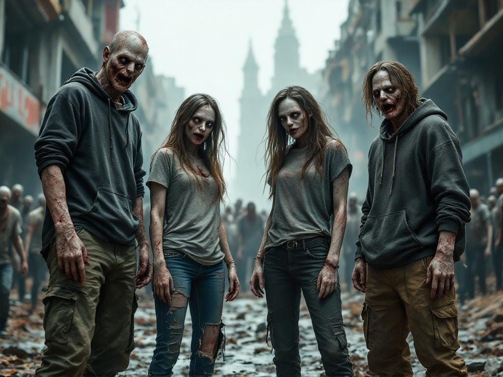 Hyperrealistic Zombie Double Date in Destroyed City
